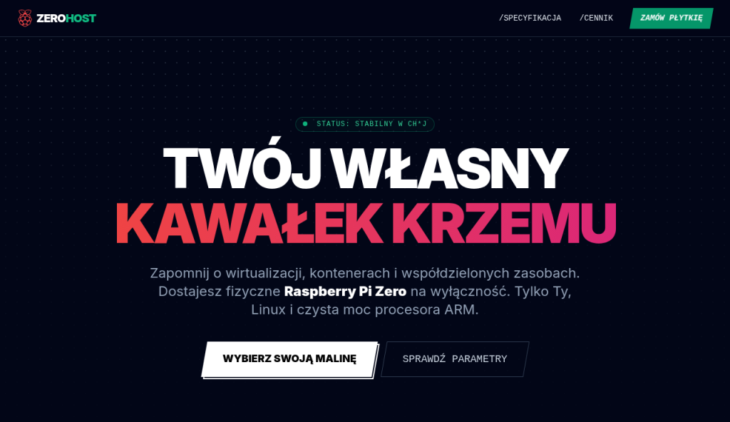 Strona główna projektu ZeroHost: ciemny ekran z hasłem „Twój własny kawałek krzemu” i opisem hostingu na Raspberry Pi Zero