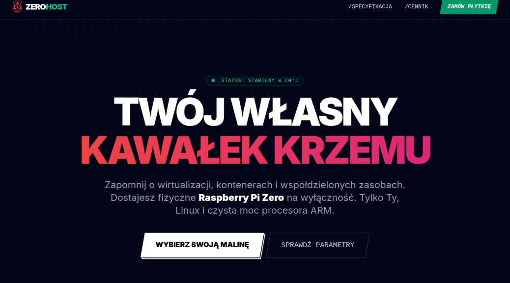 Strona główna projektu ZeroHost: ciemny ekran z hasłem „Twój własny kawałek krzemu” i opisem hostingu na Raspberry Pi Zero